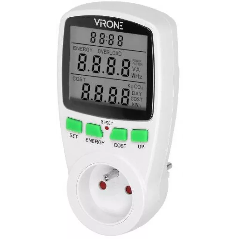 VIRONE EM-4 Vienfazis energijos skaitiklis su LCD ekranu, 16A, 3680W, Schuko kištuku