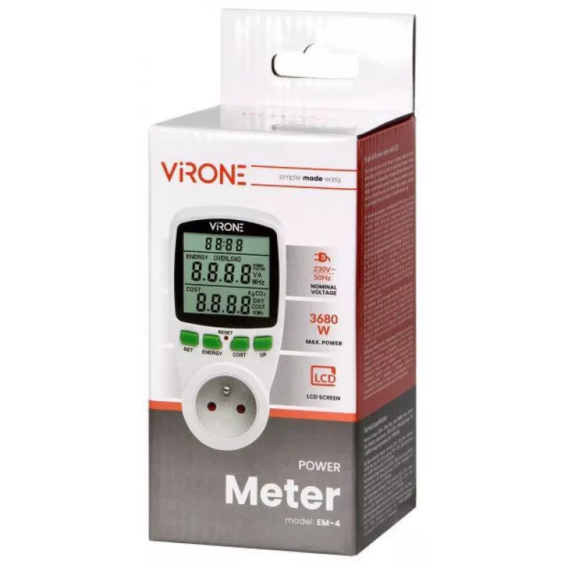 VIRONE EM-4 Vienfazis energijos skaitiklis su LCD ekranu, 16A, 3680W, Schuko kištuku