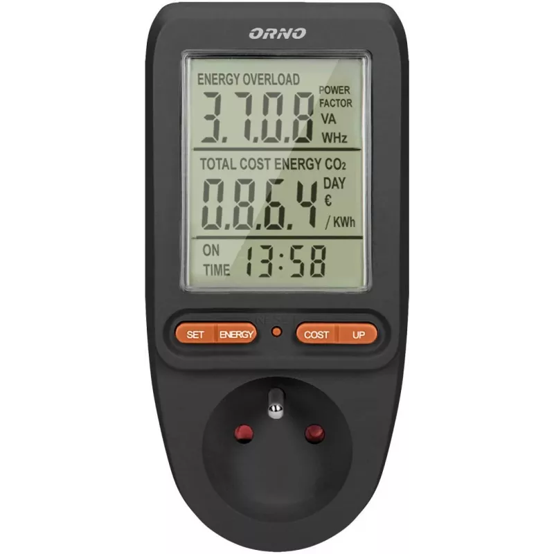 ORNO OR-WAT-435/B Energijos skaitiklis ir energijos suvartojimo skaičiuotuvas, 230V, 16A, LCD ekranas, juoda