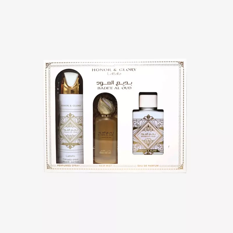 Lattafa Honor & Glory Badee Al Oud Eau de Parfum dovanų rinkinys - 100ml EDP + 200ml kvepiančio kūno purškalo + 300ml oro gaiviklio
