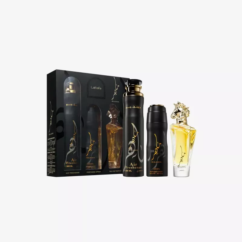 Lattafa Maahir Black Edition Eau de Parfum dovanų rinkinys - 100ml EDP purškalas + 200ml kvepalų purškalas + 300ml oro gaiviklis