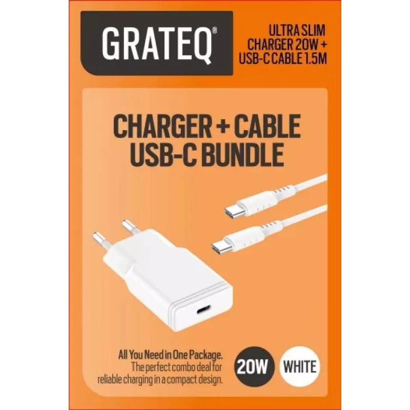 GRATEQ TAHKO 20W USB-C PD sieninis įkroviklis su 1,5 m USB-C į Lightning laidu, baltas