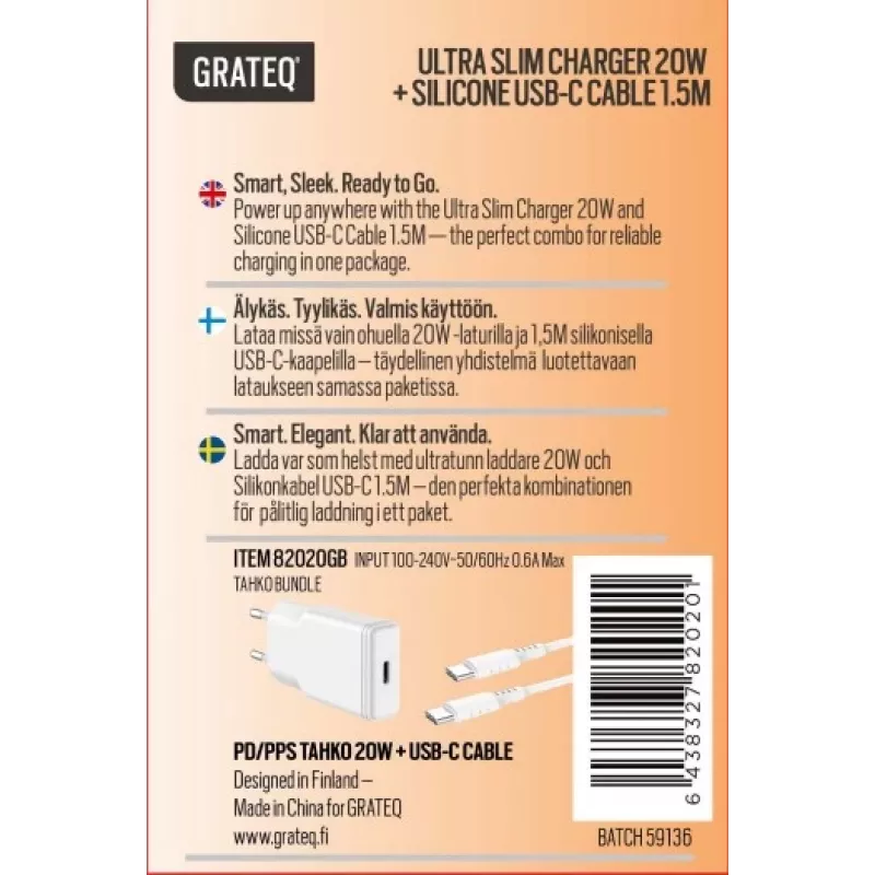 GRATEQ TAHKO 20W USB-C PD sieninis įkroviklis su 1,5 m USB-C į Lightning laidu, baltas