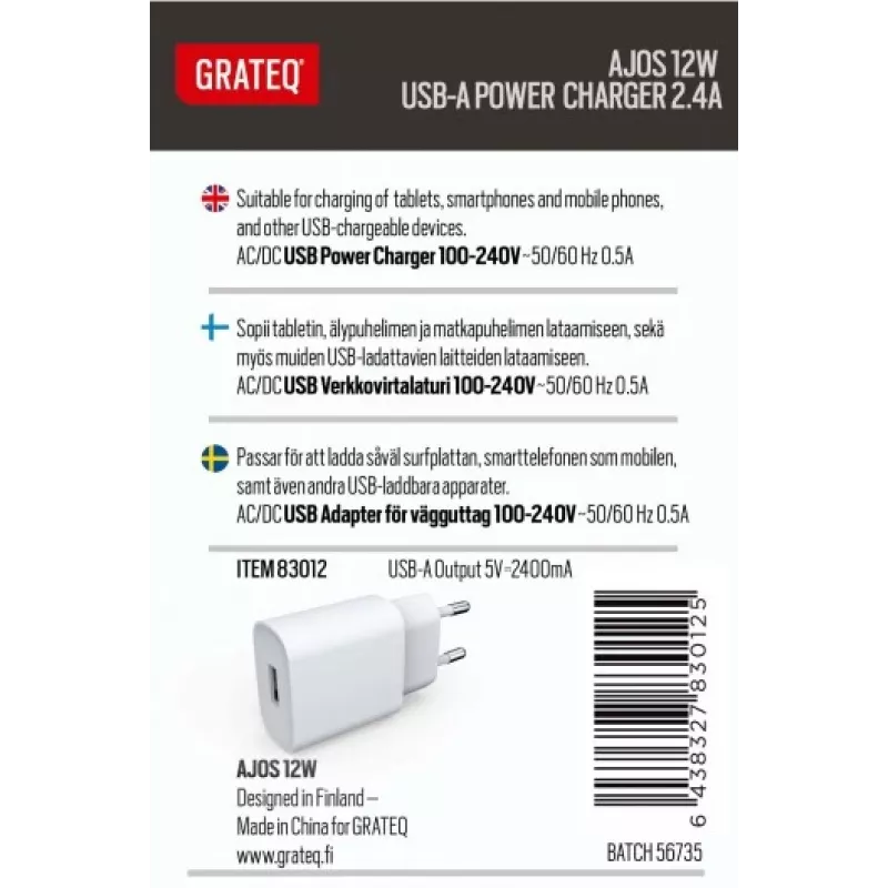 GRATEQ AJOS Įkroviklis USB-A 12W Baltas