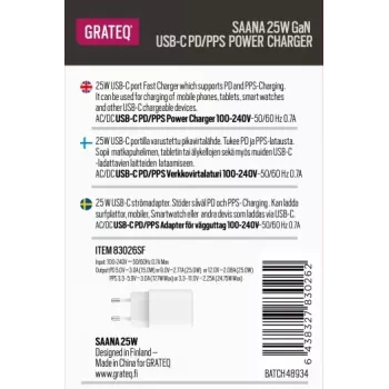 GRATEQ SAANA GaN USB-C 25W PD/PPS sieninis įkroviklis baltas