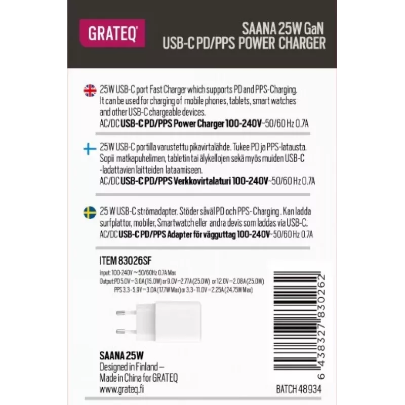 GRATEQ SAANA GaN USB-C 25W PD/PPS sieninis įkroviklis baltas