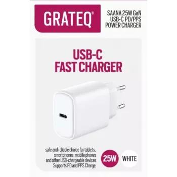 GRATEQ SAANA GaN USB-C 25W PD/PPS sieninis įkroviklis baltas