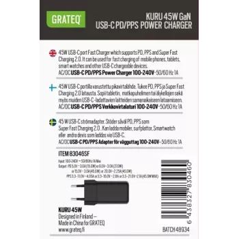 GRATEQ KURU GaN USB-C PD/PPS 45W Black Wall Charger