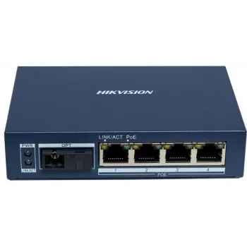 Hikvision DS-3D504TP-A nevaldomas pramoninis PoE jungiklis, 4 PoE+ prievadai, 1 SFP magistralė, 60W biudžetas