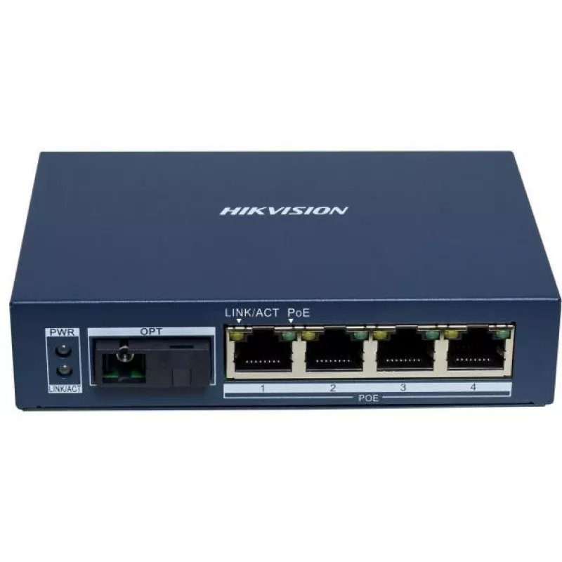 Hikvision DS-3D504TP-A nevaldomas pramoninis PoE jungiklis, 4 PoE+ prievadai, 1 SFP magistralė, 60W biudžetas