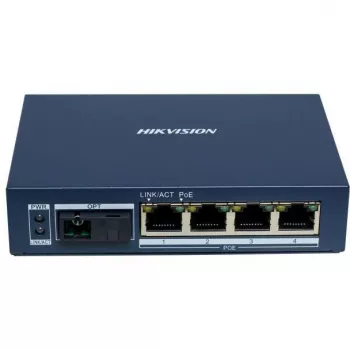 Hikvision DS-3D504TP-A nevaldomas pramoninis PoE jungiklis, 4 PoE+ prievadai, 1 SFP magistralė, 60W biudžetas