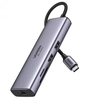 UGREEN 60515 7 viename USB-C šakotuvas, 4K 60Hz HDMI, Ethernet, 100 W PD, pilkas