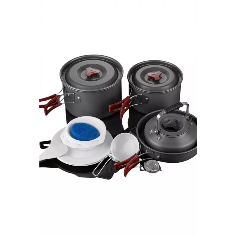 FIREMAPLE Cookware Set FMC-209 - 9 dalių stovyklavimo indų rinkinys su nepridegančia keptuve, puodais, dubenėliais ir tinkliniu krepšiu