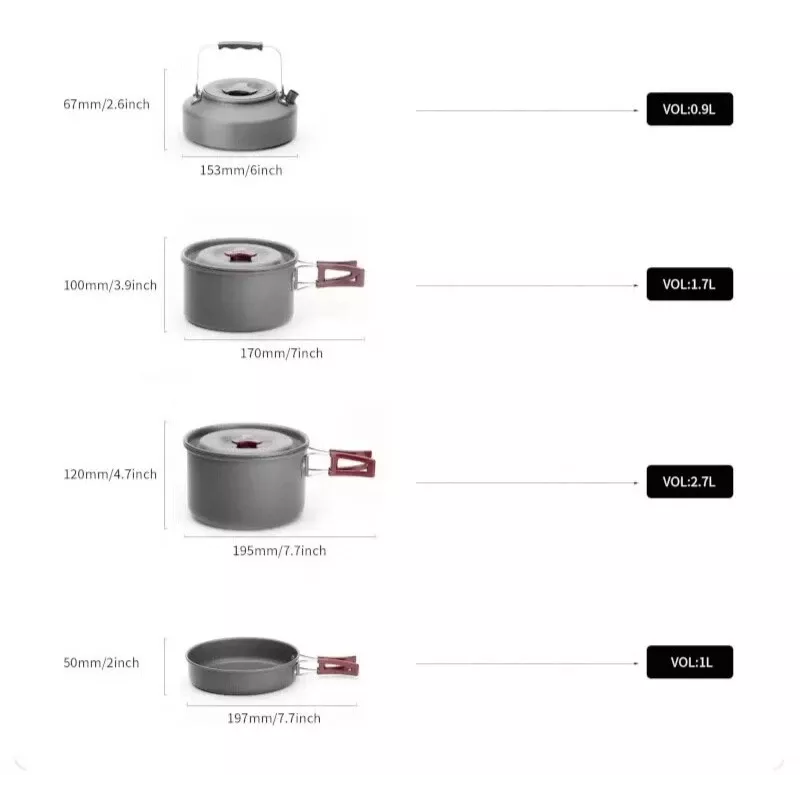 FIREMAPLE Cookware Set FMC-209 - 9 dalių stovyklavimo indų rinkinys su nepridegančia keptuve, puodais, dubenėliais ir tinkliniu krepšiu