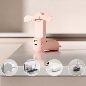 Jisulife Life8 Nešiojamas Ventiliatorius USB Ventiliatorius su Power Bank 2000mAh ir Žibintuvėliu - Rožinis