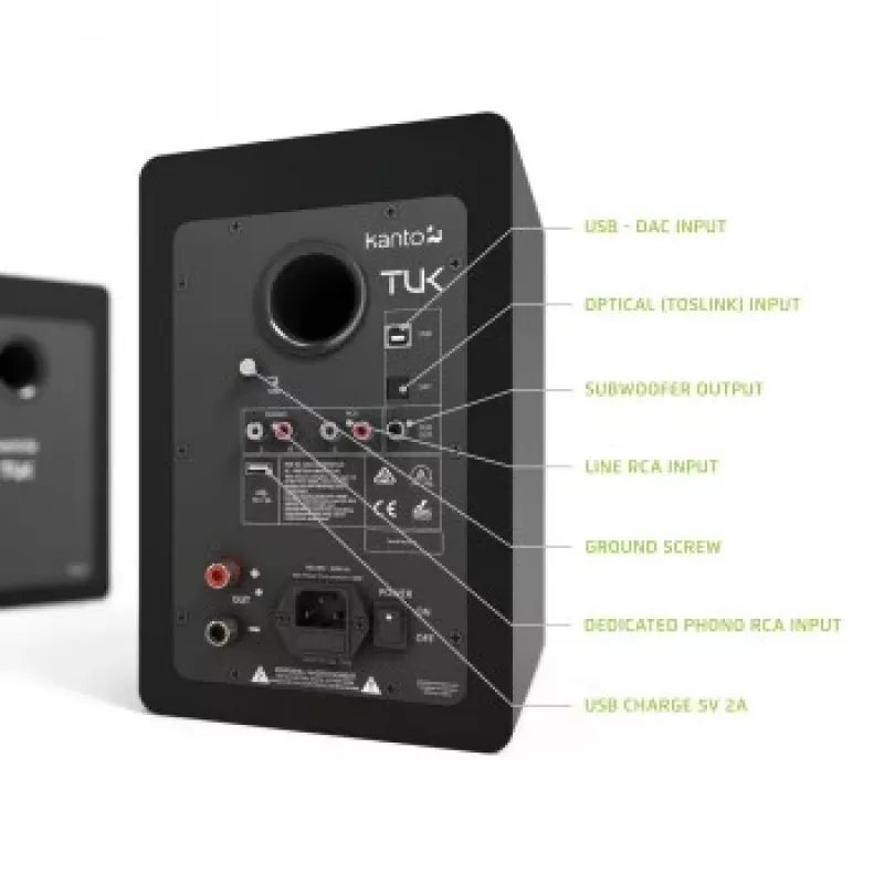 KANTO AUDIO TUKMB-FG Premium Powered Speaker su ausinių išėjimu, USB DAC, įmontuotu fono priešstiprintuvu, Bluetooth, matinė juoda (su F ir G tipo maitinimo laidais)