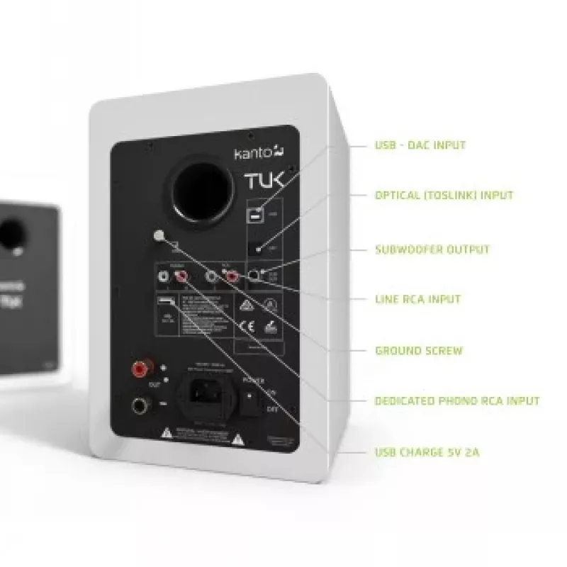 KANTO AUDIO TUKMW-FG Premium Powered Speaker su ausinių išvestimi, USB DAC, įmontuotu fono priešstiprintuvu, Bluetooth, matinė balta (su F ir G tipo maitinimo laidais)