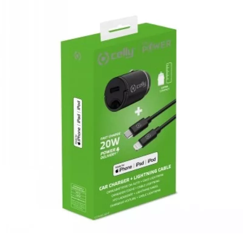CELLY CCMINILIGHT – Automobilinis įkroviklis USB-C + USB-C į Lightning laidas 20W [PRO POWER]
