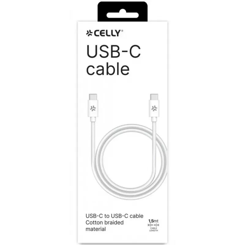 CELLY USBCUSBCCOTT - USB-C į USB-C medvilninis pintas laidas baltas (Power Delivery)