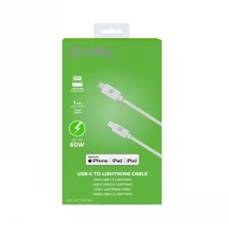 CELLY Lightning į USB-C laidas 60W - 1,2m Baltas MFi sertifikuotas