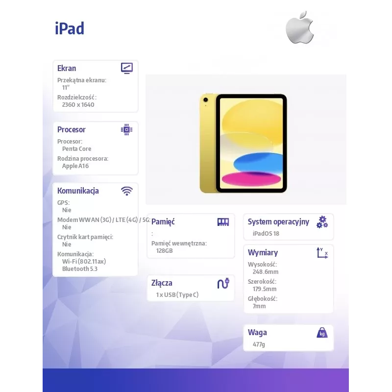 Apple iPad 10.9 11th Gen (2025) 128GB WiFi - Geltona