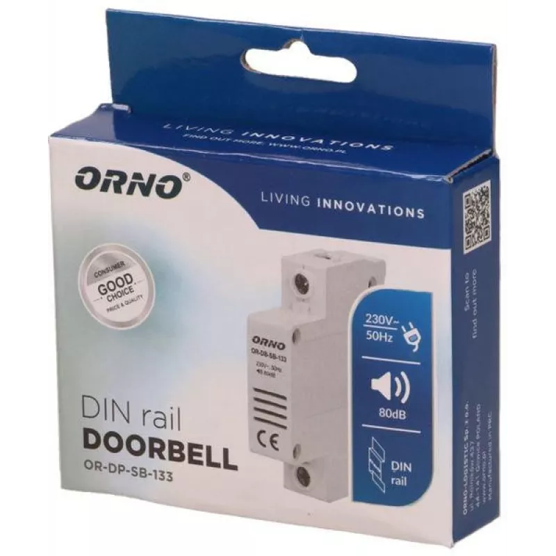 ORNO OR-DP-SB-133 laidinis durų skambutis, DIN bėgelis 1 modulis, 230V AC, 85 dB, balta/pilka