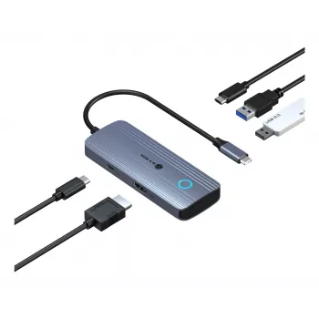 IcyBox IB-DK4081-SO Spade Dock 4081 5-in-1 kelionių doko stotis su įkrovimu išjungus ekraną, USB-C, HDMI 4K, Gigabit Ethernet, 2x USB-A, 100W PD, aliuminio