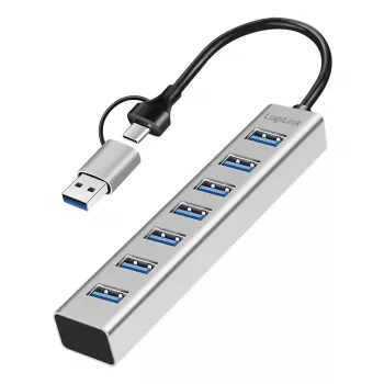 LogiLink USB 3.0 Hub 7x USB-A 2-in-1 jungiamasis kabelis sidabrinis