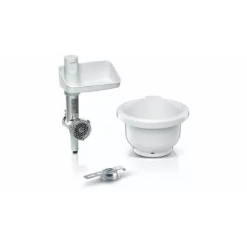 Bosch MUZS2BS mėsmalės priedas, skirtas MUM serijos 2 ir 5 virtuvės mašinoms – nerūdijančio plieno peilis, 4,5 mm diskas, dešrų įdaro ir kebbe priedai