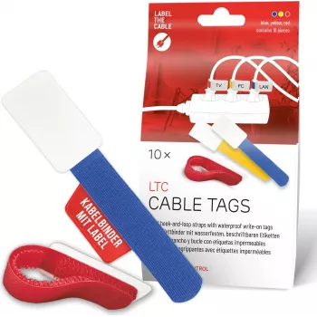 LABEL THE CABLE LTC 2630-10 Daugkartinio naudojimo lipdukų ir raištelių rinkinys su kabliuko ir kilpelės užtrauktuku, įvairių dydžių ir spalvų, 10 vnt.