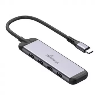 MEDIARANGE MRCS512 USB-C šakotuvas 4 prievadai 3x USB-C 3.2 Gen 1 + 1x PD 100W sidabrinis