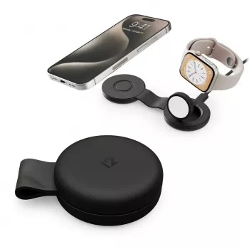 Twelve South ButterFly SE 2-in-1 Qi2 MagSafe įkroviklis, skirtas iPhone ir Apple Watch, juodos spalvos