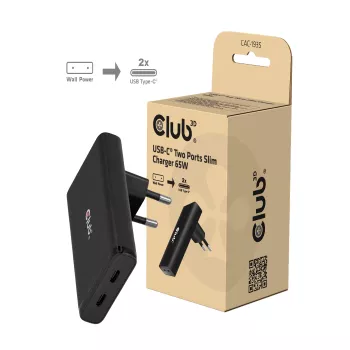 Club 3D CAC-1935 Slim 65W Dual USB-C GaN PD 3.1 PPS įkroviklis, juodas