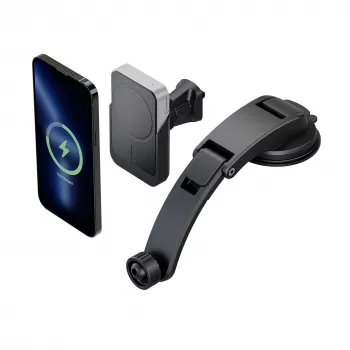 ALOGIC Matrix Universalus magnetinis belaidis automobilio įkroviklio laikiklis su siurbtuku ir ventiliacijos angos spaustuku, 15W Qi greitasis įkrovimas, automatinis užveržimas, 360° sukimasis, juoda