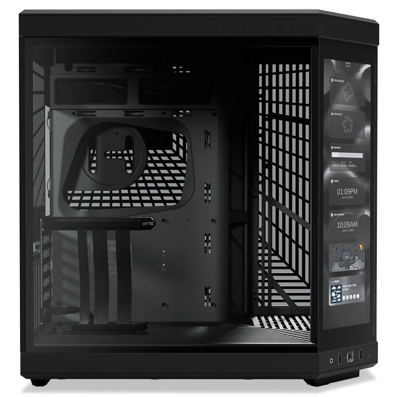 HYTE Y70 Touch juodas Mid Tower korpusas su panoraminiu grūdintu stiklu ir 14,1 colio jutikliniu ekranu, ATX/E-ATX, vertikalus GPU laikiklis