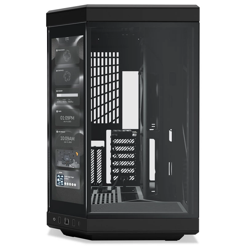 HYTE Y70 Touch juodas Mid Tower korpusas su panoraminiu grūdintu stiklu ir 14,1 colio jutikliniu ekranu, ATX/E-ATX, vertikalus GPU laikiklis