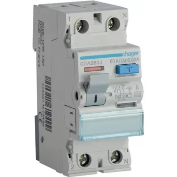 HAGER CDA263J RCCB liekamosios srovės grandinės pertraukiklis 1P+N 63A 30mA A tipas 6kA 230V 2 modulių DIN bėgelis