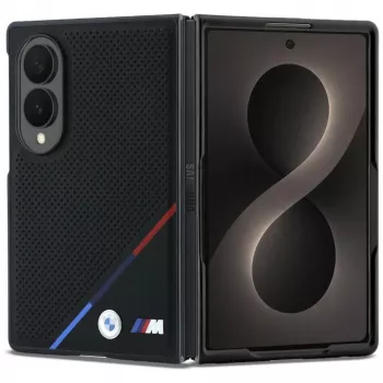 BMW M odinė perforuota trijų spalvų juostos metaliniais logotipais MagSafe dėklas, skirtas Samsung Galaxy Z Fold8 - juoda