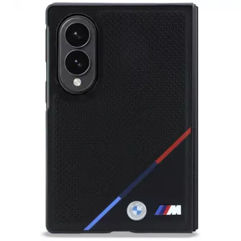 BMW M odinė perforuota trijų spalvų juostos metaliniais logotipais MagSafe dėklas, skirtas Samsung Galaxy Z Fold8 - juoda