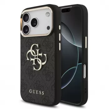 GUESS 4G Big Logo Classic kietas dėklas, skirtas iPhone 17 Pro / 18 Pro - juodas ir auksinis