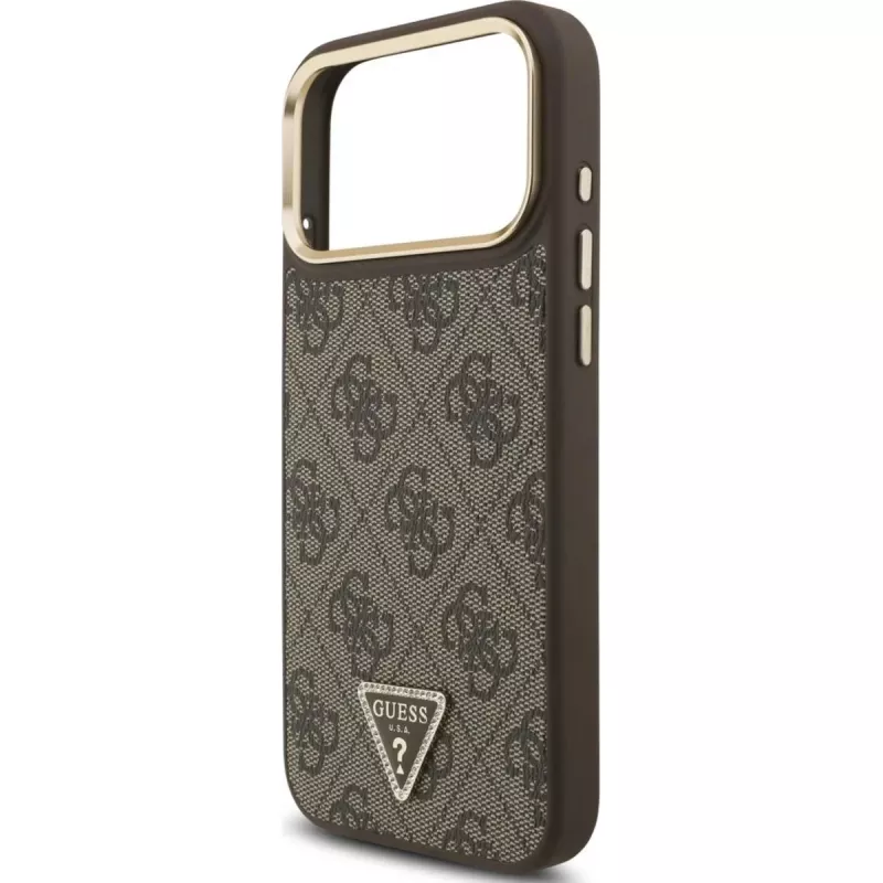 GUESS 4G Triangle Logo MagSafe dėklas, skirtas iPhone 17 Pro Max - ruda ir auksinė