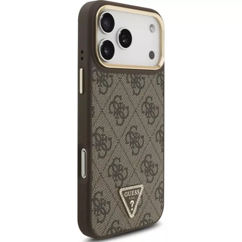 GUESS 4G Triangle Logo MagSafe dėklas, skirtas iPhone 17 Pro Max - ruda ir auksinė