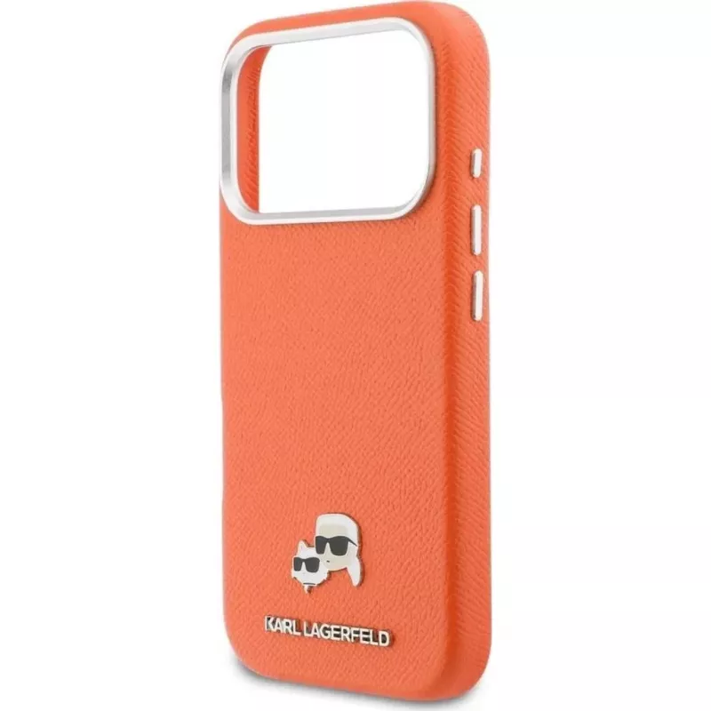 Karl Lagerfeld Karl & Choupette Head Pins Saffiano MagSafe dėklas, skirtas iPhone 17 Pro Max – oranžinis