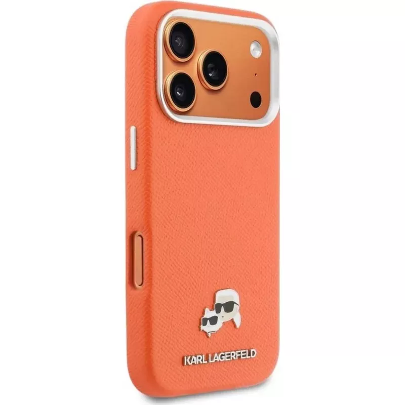 Karl Lagerfeld Karl & Choupette Head Pins Saffiano MagSafe dėklas, skirtas iPhone 17 Pro Max – oranžinis