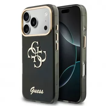 GUESS IML 4G Script Metal dėklas, skirtas iPhone 18 Pro Max / 17 Pro Max - juodos spalvos