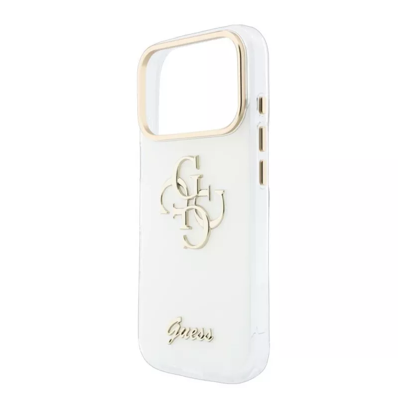 GUESS IML 4G Script Metal dėklas, skirtas iPhone 15 Pro, baltas