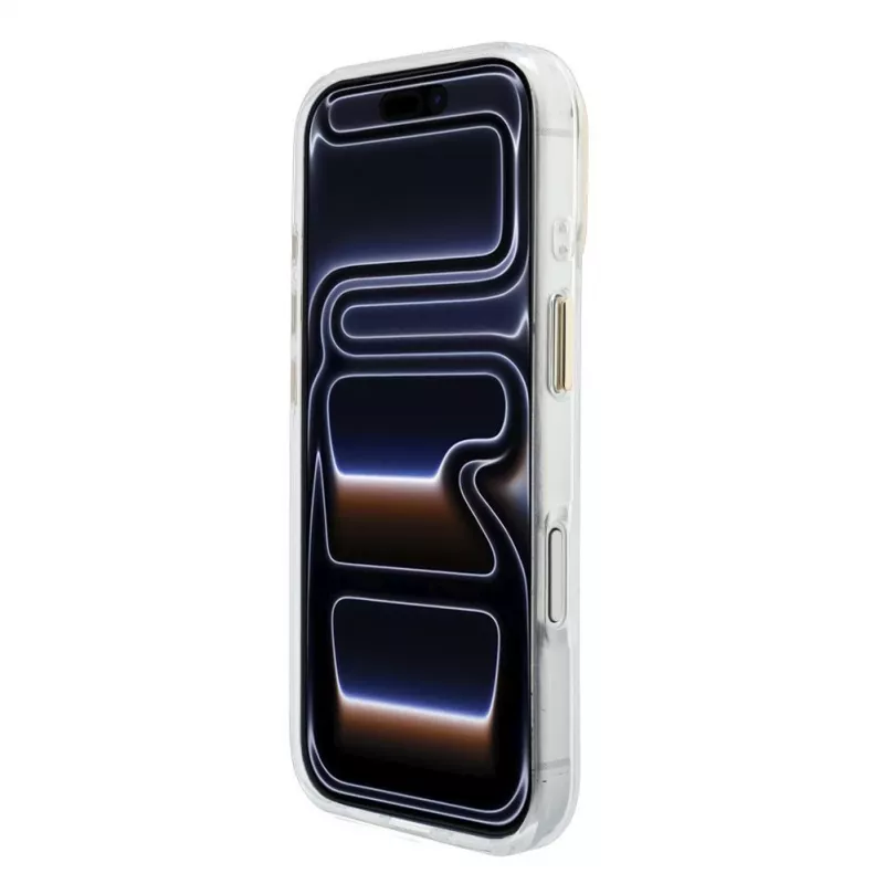 GUESS IML 4G Script Metal dėklas, skirtas iPhone 15 Pro, baltas