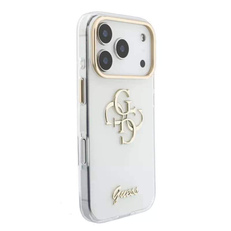 GUESS IML 4G Script Metal dėklas, skirtas iPhone 15 Pro, baltas