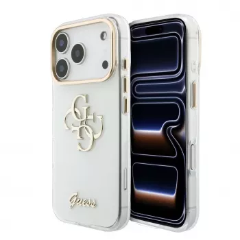 GUESS IML 4G Script Metal dėklas, skirtas iPhone 15 Pro, baltas