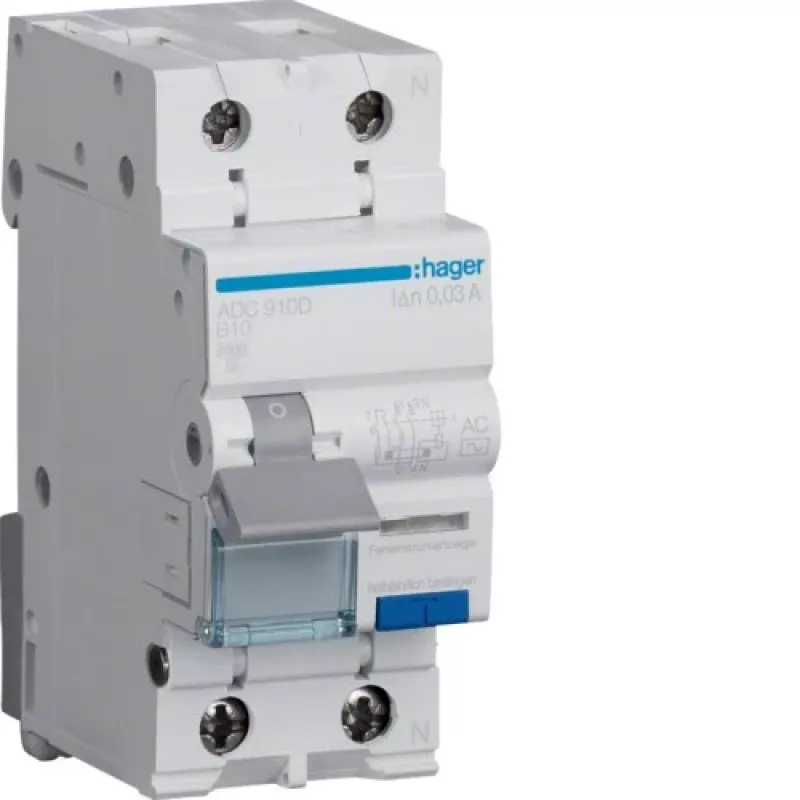Hager ADC910D RCBO 2P 10A 30mA AC tipo liekamosios srovės grandinės pertraukiklis su apsauga nuo viršsrovių